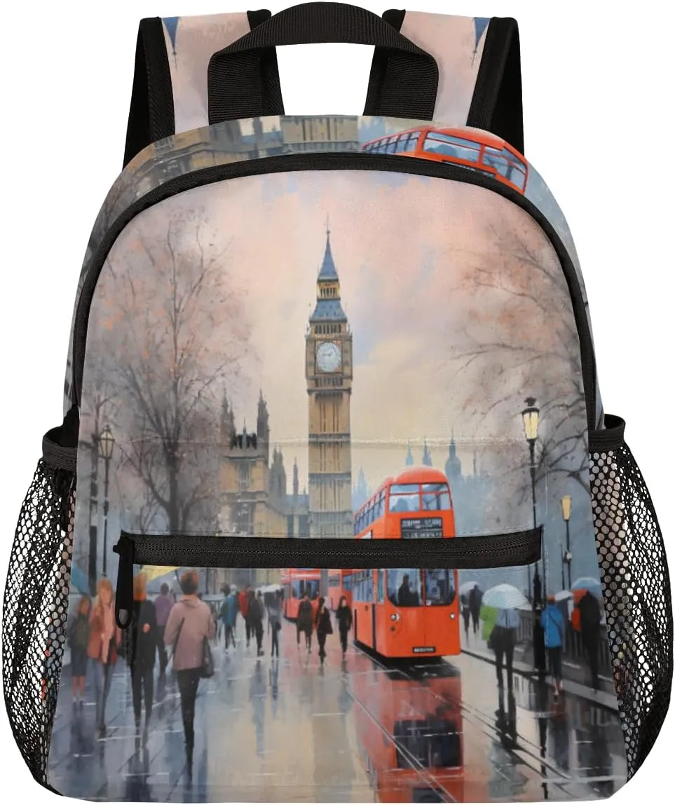 London Street Car Oil Painting School Backpacks for Girls Boys Teens, Kindergarten Elementary Kids Toddler Bookbag Mochilas Escolares Para Niñas 12in Preschool Cute Travel Backpack