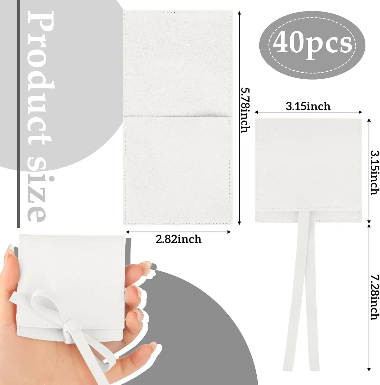 Lothee 40 Pcs Microfiber Jewelry Pouch 8x8 cm Jewelry Packaging Luxury Small Gift Bags Bow Tie Microfiber Bag for Bracelet Necklace Packaging,Envelope Style with String and Divider(White)