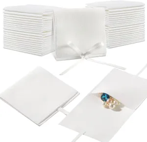 Lothee 40 Pcs Microfiber Jewelry Pouch 8x8 cm Jewelry Packaging Luxury Small Gift Bags Bow Tie Microfiber Bag for Bracelet Necklace Packaging,Envelope Style with String and Divider(White)