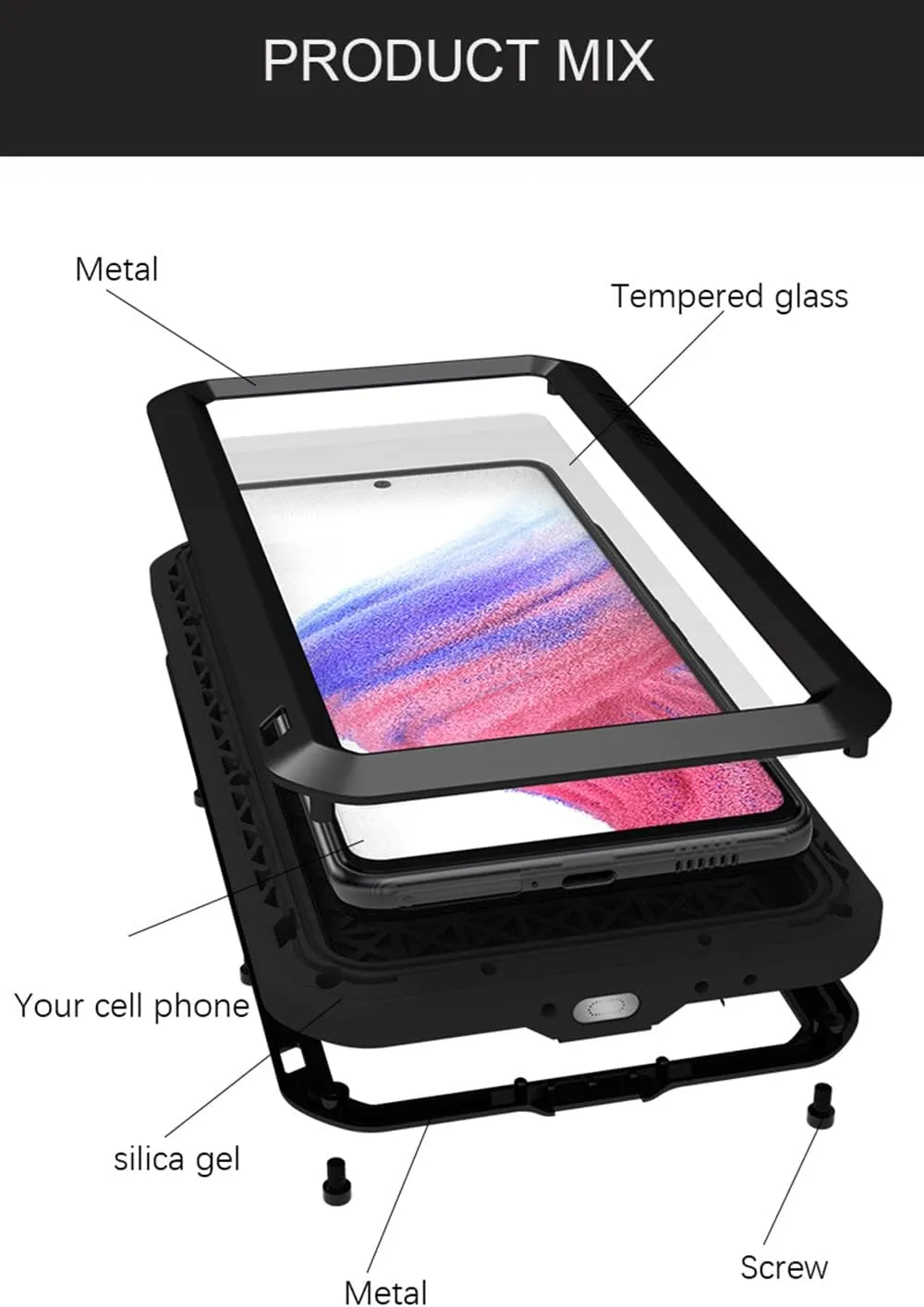 LOVE MEI Compatible with Samsung Galaxy A53 5G Case, Outdoor Sports Waterproof Military Heavy Duty Shockproof Dust/Dirt Proof Hybrid Aluminum Metal Silicone Tempered Glass Case Hard Cover (Yellow)