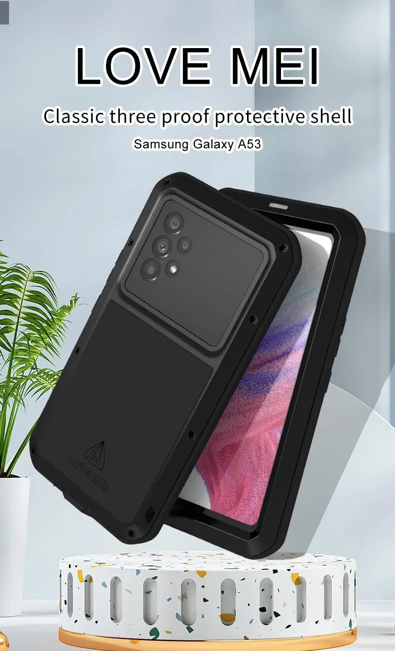 LOVE MEI Compatible with Samsung Galaxy A53 5G Case, Outdoor Sports Waterproof Military Heavy Duty Shockproof Dust/Dirt Proof Hybrid Aluminum Metal Silicone Tempered Glass Case Hard Cover (Yellow)