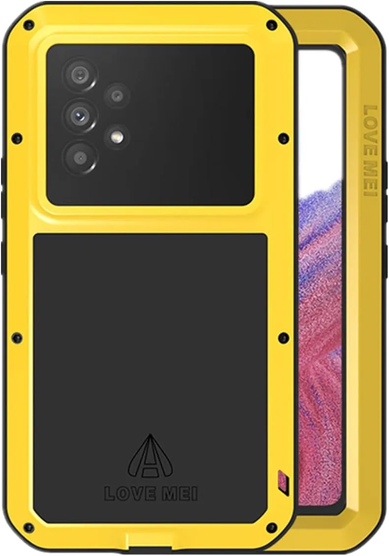 LOVE MEI Compatible with Samsung Galaxy A53 5G Case, Outdoor Sports Waterproof Military Heavy Duty Shockproof Dust/Dirt Proof Hybrid Aluminum Metal Silicone Tempered Glass Case Hard Cover (Yellow)