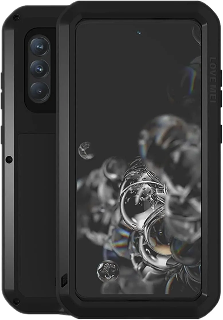 LOVE MEI Compatible with Samsung Galaxy S21 FE 5G Case, Outdoor Sports Waterproof Military Heavy Duty Shockproof Dustproof Hybrid Aluminum Metal Silicone Tempered Glass Case Hard Cover (Black)