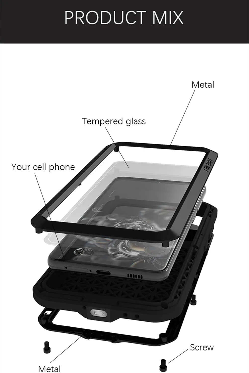 LOVE MEI Compatible with Samsung Galaxy S21 FE 5G Case, Outdoor Sports Waterproof Military Heavy Duty Shockproof Dustproof Hybrid Aluminum Metal Silicone Tempered Glass Case Hard Cover (Black)