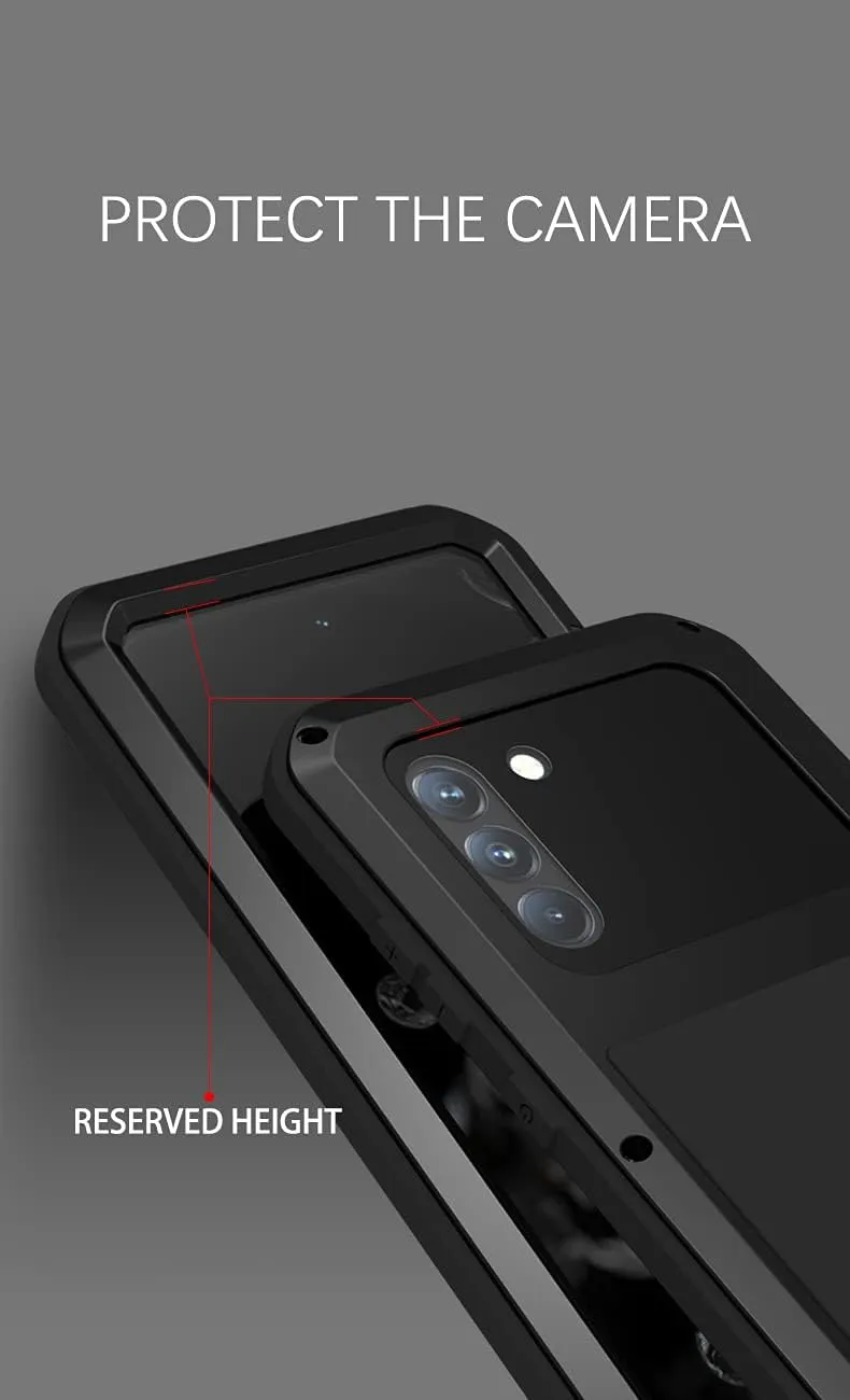 LOVE MEI Compatible with Samsung Galaxy S21 FE 5G Case, Outdoor Sports Waterproof Military Heavy Duty Shockproof Dustproof Hybrid Aluminum Metal Silicone Tempered Glass Case Hard Cover (Black)