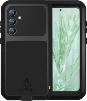 LOVE MEI Compatible with Samsung Galaxy S23 FE Case, Outdoor Sports Military Heavy Duty Shockproof Dustproof Hybrid Aluminum Metal Silicone Tempered Glass Hard Cover (Black)