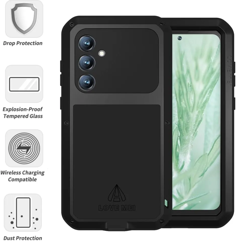 LOVE MEI Compatible with Samsung Galaxy S23 FE Case, Outdoor Sports Military Heavy Duty Shockproof Dustproof Hybrid Aluminum Metal Silicone Tempered Glass Hard Cover (Black)
