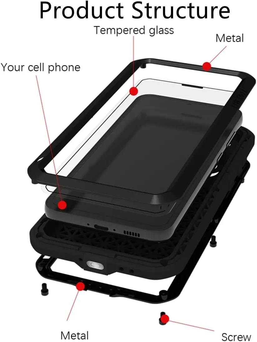LOVE MEI Compatible with Samsung Galaxy S23 FE Case, Outdoor Sports Military Heavy Duty Shockproof Dustproof Hybrid Aluminum Metal Silicone Tempered Glass Hard Cover (Black)