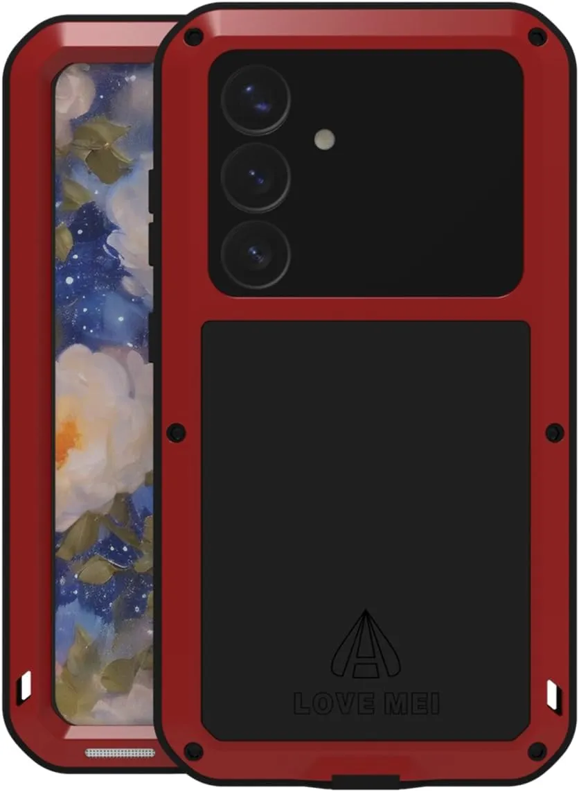 LOVE MEI Compatible with Samsung Galaxy S25 Case, Outdoor Sports Military Heavy Duty Shockproof Dustproof Hybrid Aluminum Metal Silicone Tempered Glass Hard Cover (Red)
