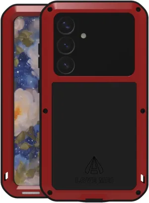 LOVE MEI Compatible with Samsung Galaxy S25 Case, Outdoor Sports Military Heavy Duty Shockproof Dustproof Hybrid Aluminum Metal Silicone Tempered Glass Hard Cover (Red)