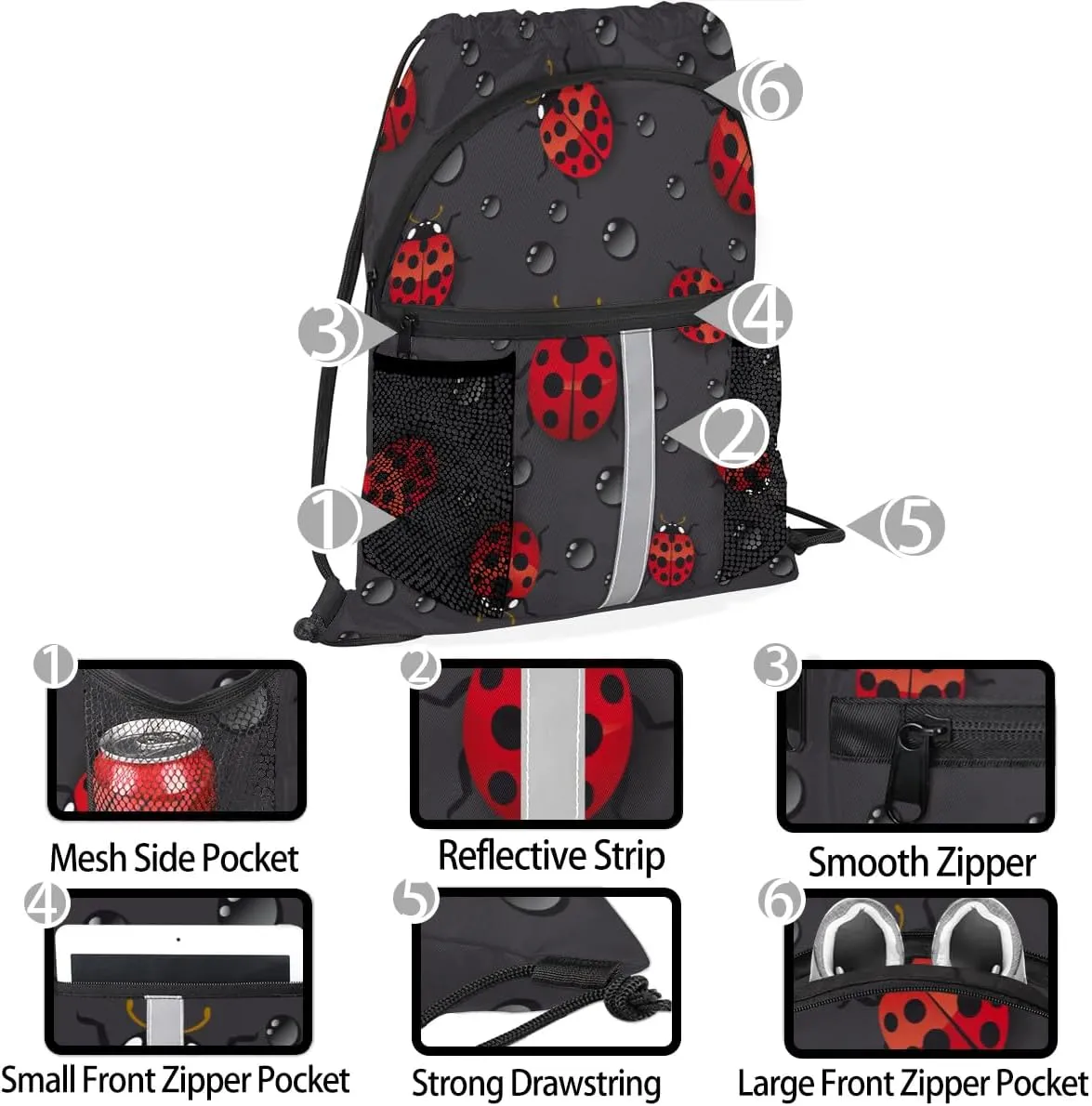 Lovely Ladybugs Drawstring Backpack Sports Gym Bag for Men Women Draw String Polyester Sackpack Reflective String Bags Cinch Bag with Zipper Pockets and Mesh Pockets