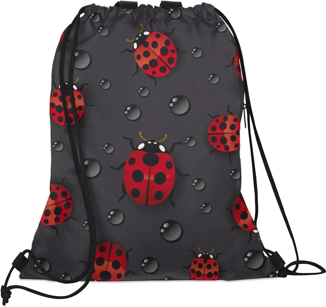 Lovely Ladybugs Drawstring Backpack Sports Gym Bag for Men Women Draw String Polyester Sackpack Reflective String Bags Cinch Bag with Zipper Pockets and Mesh Pockets