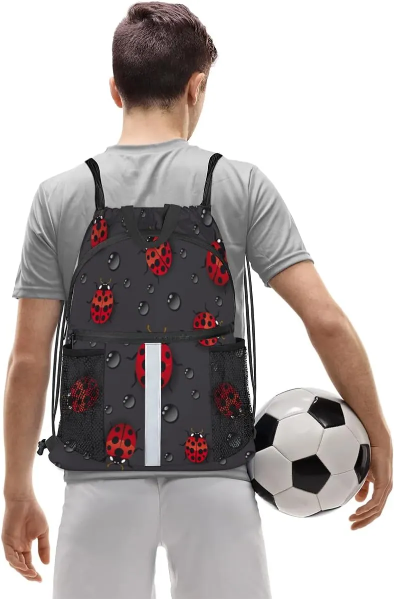 Lovely Ladybugs Drawstring Backpack Sports Gym Bag for Men Women Draw String Polyester Sackpack Reflective String Bags Cinch Bag with Zipper Pockets and Mesh Pockets