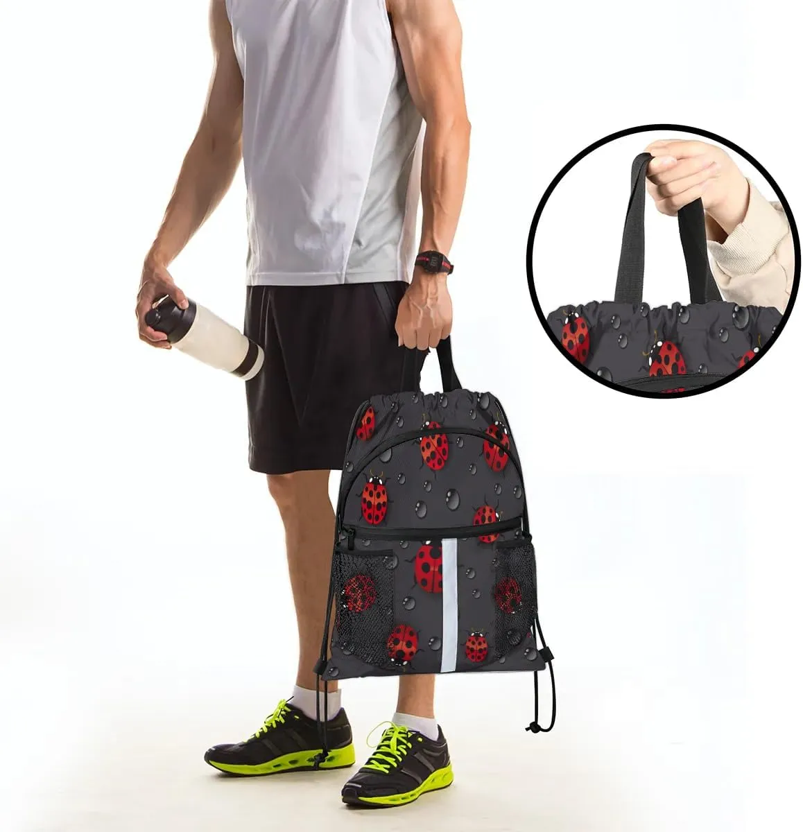 Lovely Ladybugs Drawstring Backpack Sports Gym Bag for Men Women Draw String Polyester Sackpack Reflective String Bags Cinch Bag with Zipper Pockets and Mesh Pockets