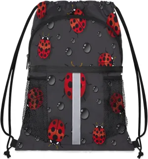 Lovely Ladybugs Drawstring Backpack Sports Gym Bag for Men Women Draw String Polyester Sackpack Reflective String Bags Cinch Bag with Zipper Pockets and Mesh Pockets