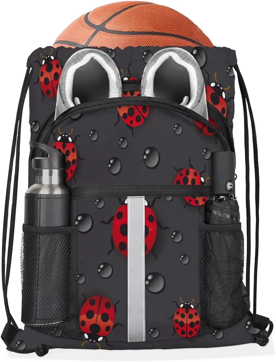 Lovely Ladybugs Drawstring Backpack Sports Gym Bag for Men Women Draw String Polyester Sackpack Reflective String Bags Cinch Bag with Zipper Pockets and Mesh Pockets