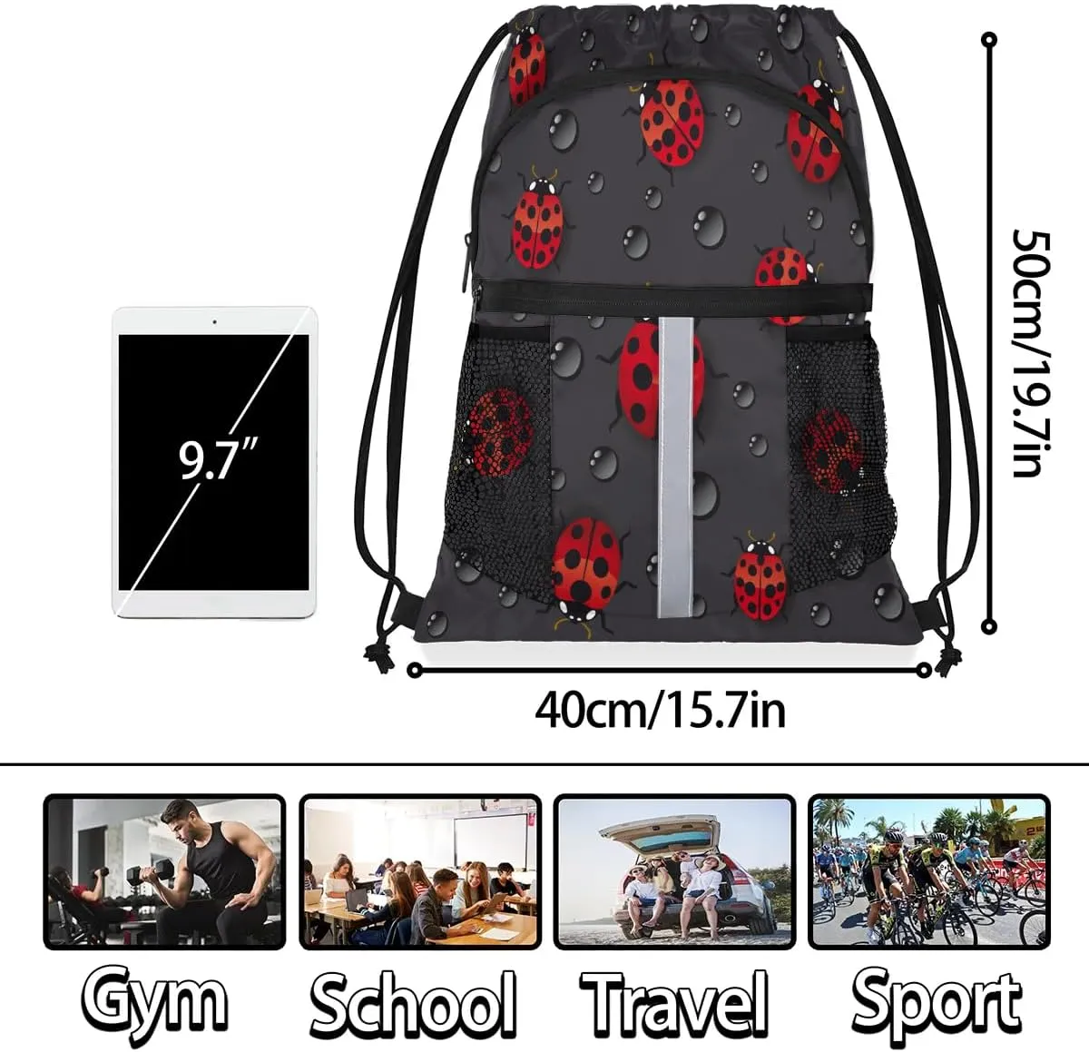 Lovely Ladybugs Drawstring Backpack Sports Gym Bag for Men Women Draw String Polyester Sackpack Reflective String Bags Cinch Bag with Zipper Pockets and Mesh Pockets