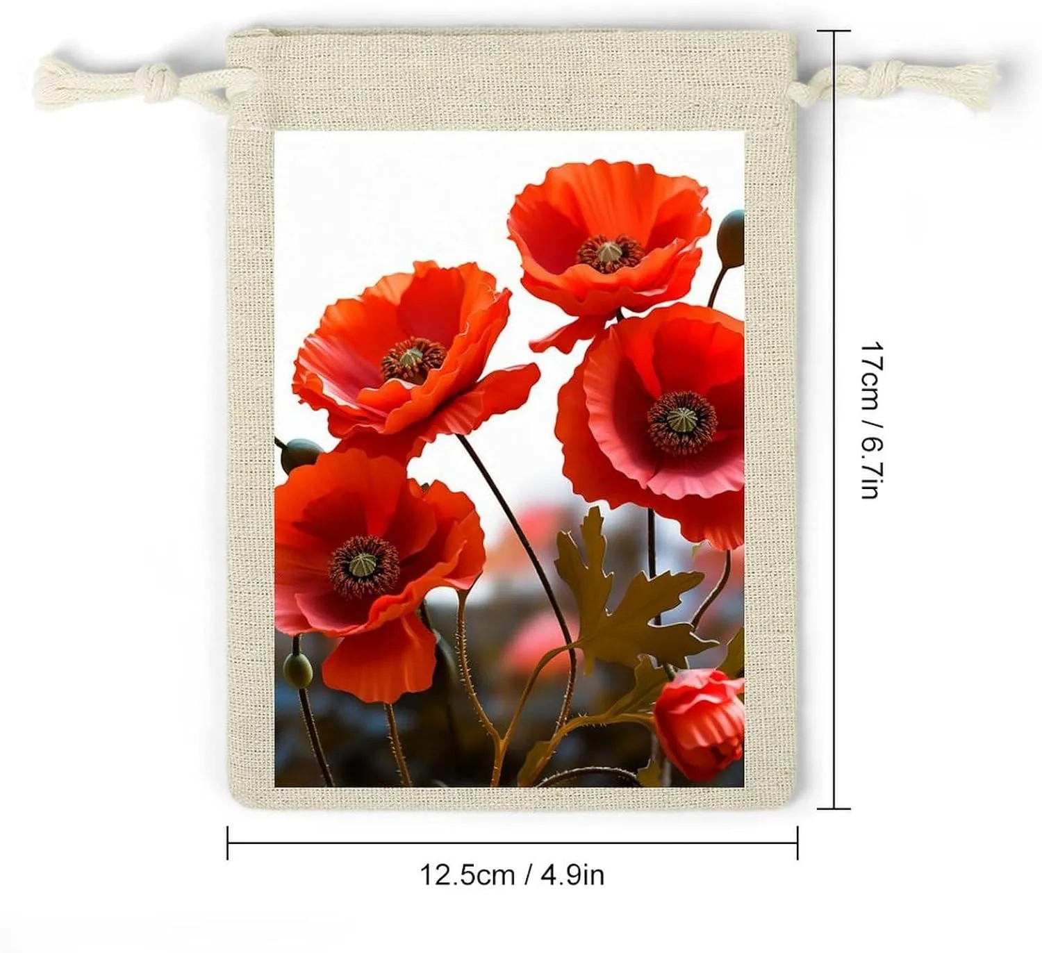 LPSADGF 8 PCS Poppy Flowers Vivid Petals Drawstring Gift Bags Reusable Cotton Linen Storage Pouches for Christmas, Weddings, Parties, Favors 4.9"x6.7" Small Burlap Bags