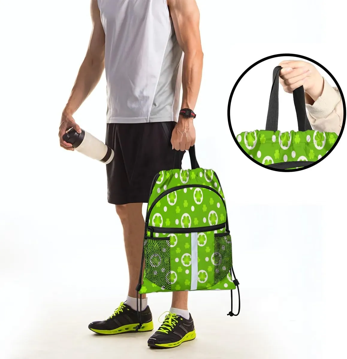 Lucky Clovers Drawstring Backpack Sports Gym Bag for Men Women Draw String Polyester Sackpack Reflective String Bags Cinch Bag with Zipper Pockets and Mesh Pockets