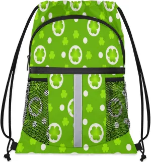 Lucky Clovers Drawstring Backpack Sports Gym Bag for Men Women Draw String Polyester Sackpack Reflective String Bags Cinch Bag with Zipper Pockets and Mesh Pockets