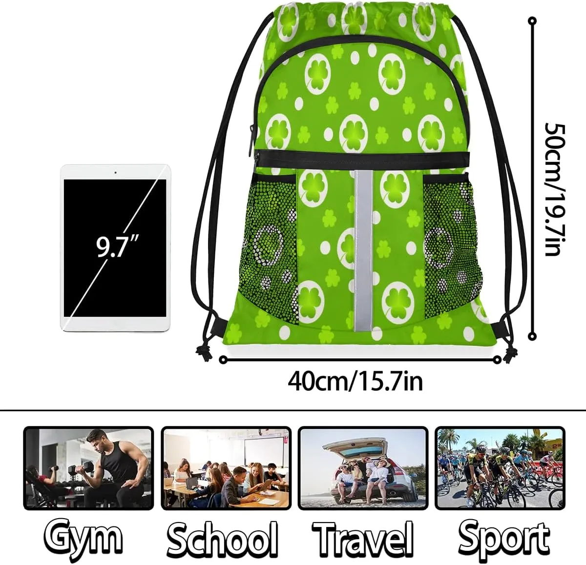 Lucky Clovers Drawstring Backpack Sports Gym Bag for Men Women Draw String Polyester Sackpack Reflective String Bags Cinch Bag with Zipper Pockets and Mesh Pockets
