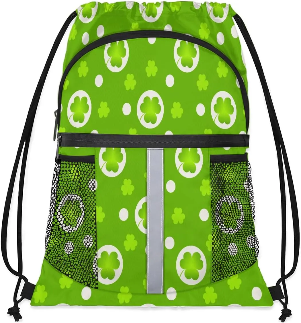 Lucky Clovers Drawstring Backpack Sports Gym Bag for Men Women Draw String Polyester Sackpack Reflective String Bags Cinch Bag with Zipper Pockets and Mesh Pockets
