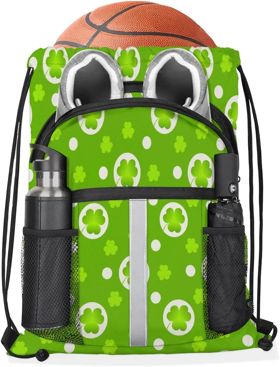 Lucky Clovers Drawstring Backpack Sports Gym Bag for Men Women Draw String Polyester Sackpack Reflective String Bags Cinch Bag with Zipper Pockets and Mesh Pockets
