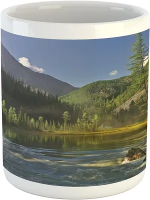 Lunarable Landscape Mug, Mountain Lake West Siberia Altai Mountains Katun Ridge Alpine Forest Morning View, Printed Ceramic Coffee Mug Water Tea Drinks Cup, Green Blue