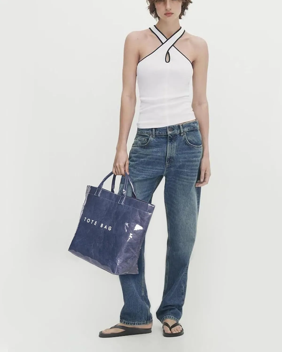 Lushandy PVC Tote Bag Women's Letters Print Large Kraft Paper Carry All Bag Top Handle Clear Hobo Handbag