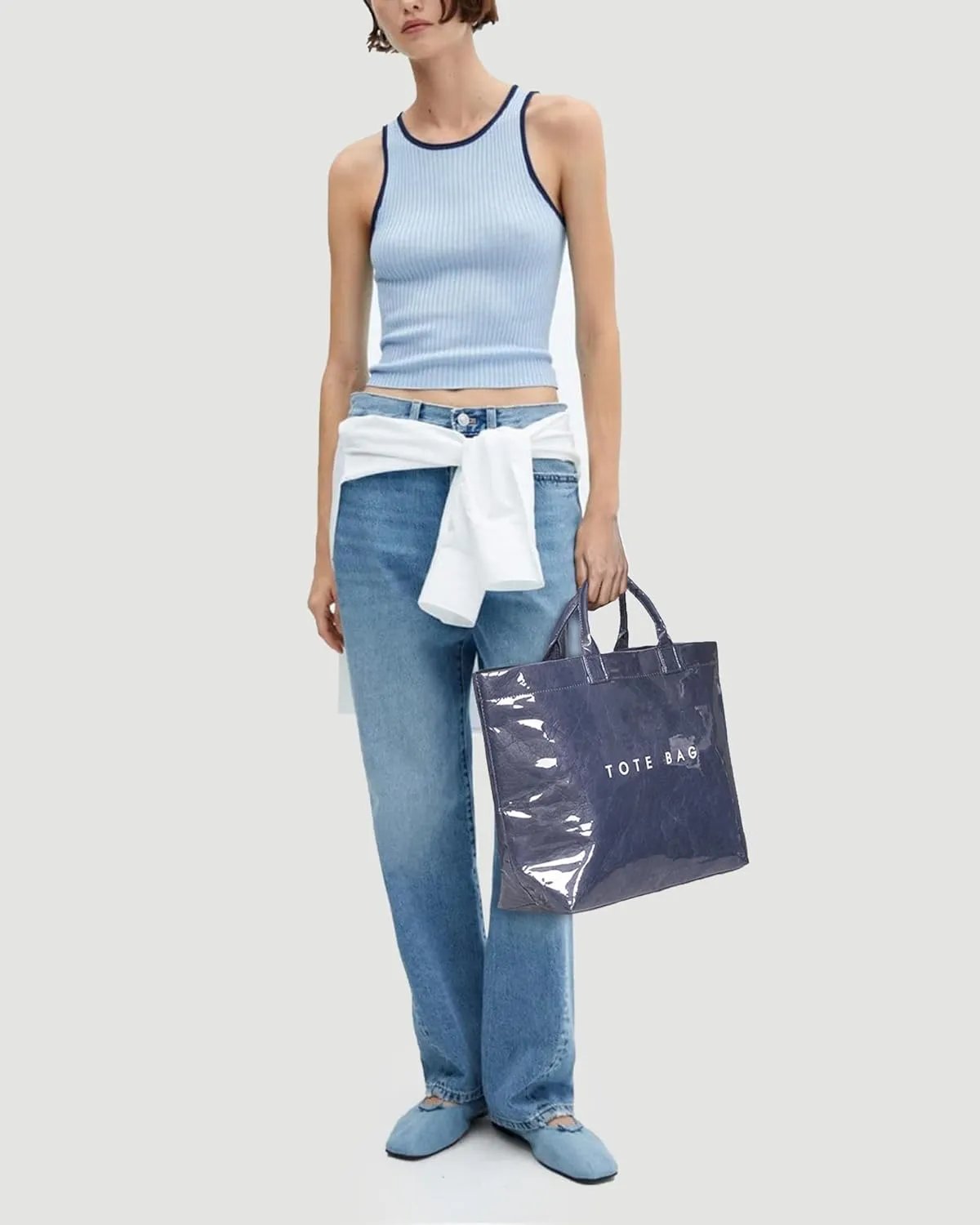 Lushandy PVC Tote Bag Women's Letters Print Large Kraft Paper Carry All Bag Top Handle Clear Hobo Handbag