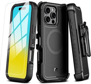 M MYBAT PRO Maverick Series iPhone 16 Pro Max Case with Belt Clip Holster,[Compatible with Magsafe] w/Screen Protector,Anti-Drop,Shockproof,with 360°Rotating Kickstand,Heavy Duty Protection Black