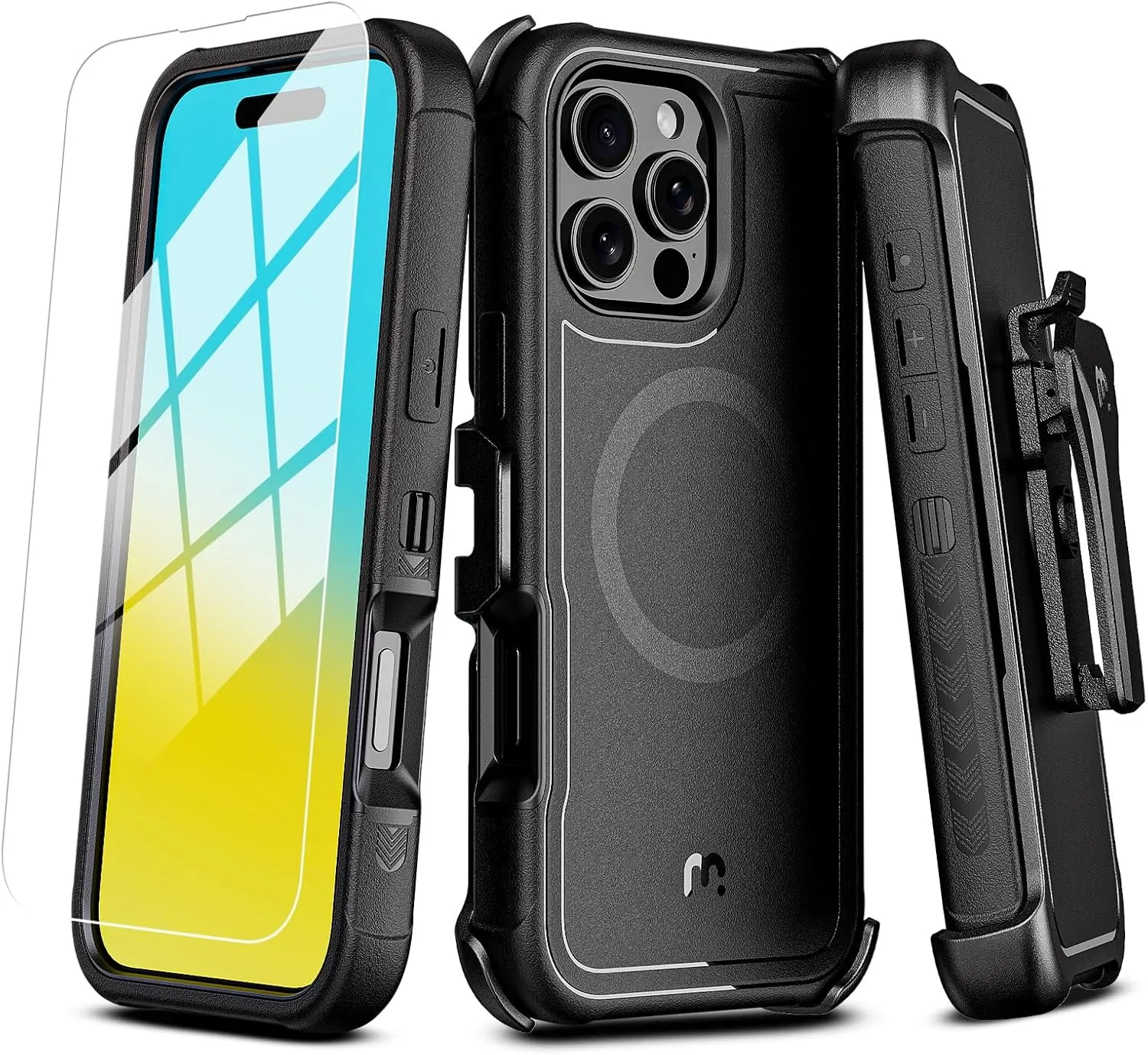 M MYBAT PRO Maverick Series iPhone 16 Pro Max Case with Belt Clip Holster,[Compatible with Magsafe] w/Screen Protector,Anti-Drop,Shockproof,with 360°Rotating Kickstand,Heavy Duty Protection Black