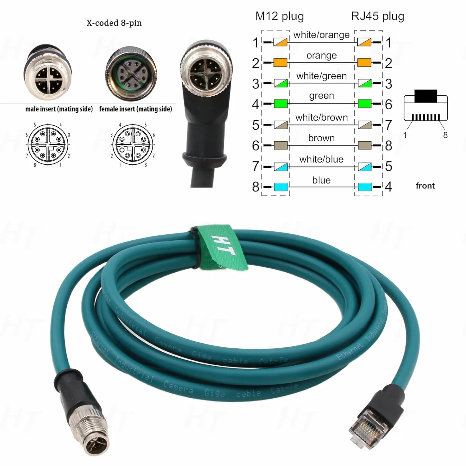 M12 Ethernet 8 Pin X-Code RJ45 CAT-7e GigE Cable for Basler Cognex Vision Camera Sensor Barcode Reader PLC Router Switch Network 1M
