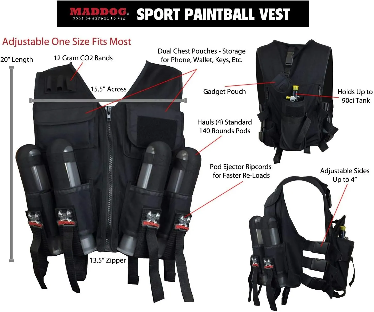 Maddog Lightweight Tactical Paintball Vest - Holds 4 Pods & 90ci Tank