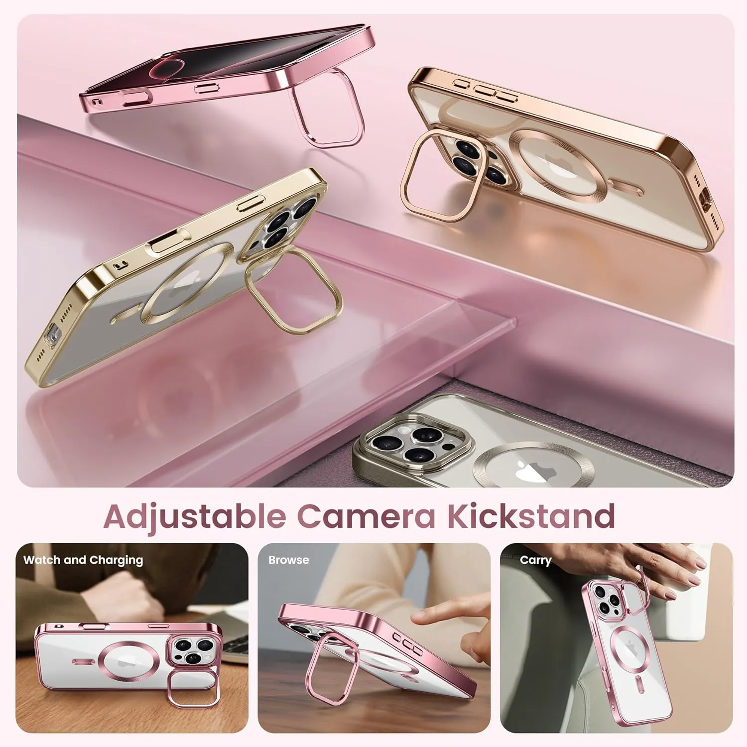 Magnetic for iPhone 16 Pro Case with Stand, [Compatible with MagSafe], [Camera Control Capture Button], [16FT Military-Grade Protection], Shockproof Slim Phone Case 6.3 Inch, Pink