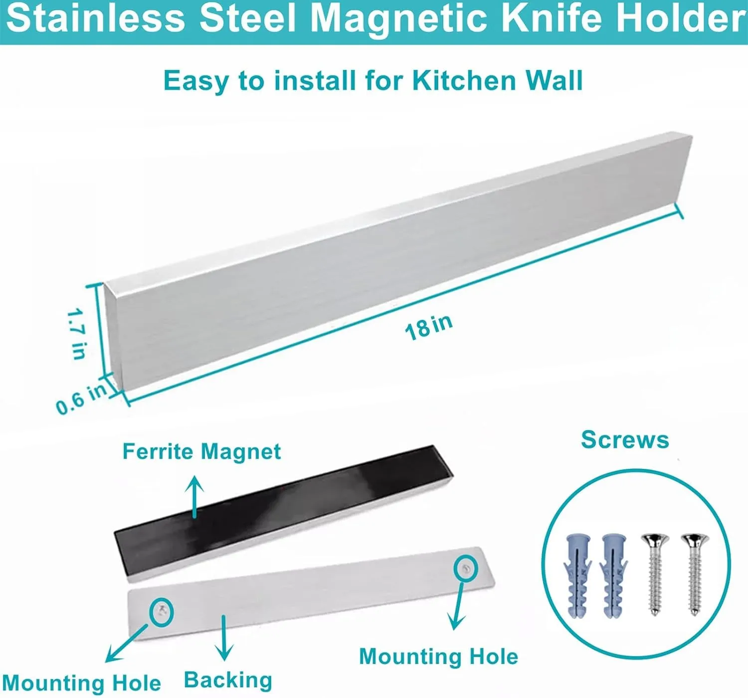 Magnetic Knife Holder for Wall 18 Inch Knife Magnetic Strip Refrigerator Knife Magnet Bar Wall Mount Knife Rack for RV Kitchen Utensil Holder Metal Tool Holder Knife Block for Kitchen Organization