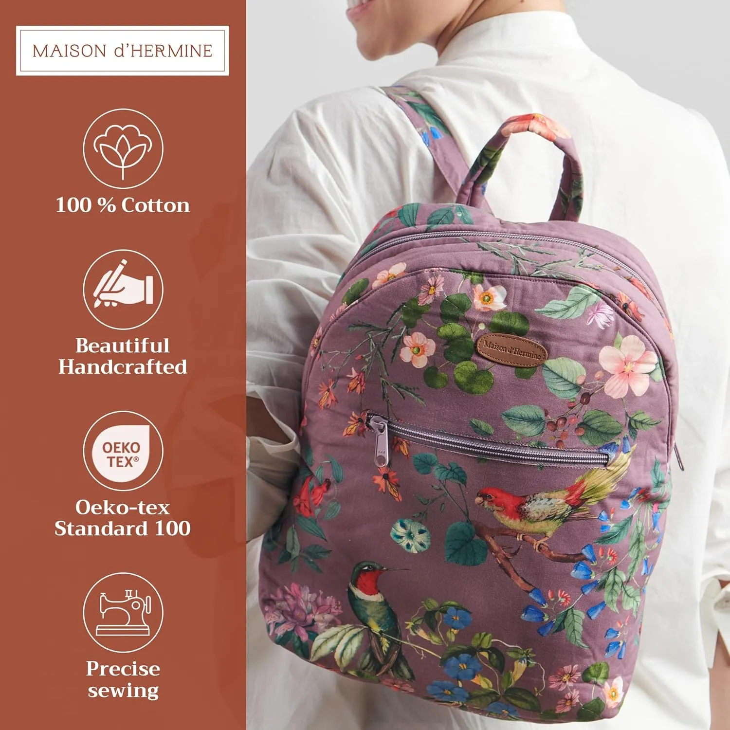 Maison d' Hermine Backpack Cotton Shoulder Backpack with Small Pouch Lightweight Bag for Travel Work Beach Perfect for Women & Men (Eden - Violet)