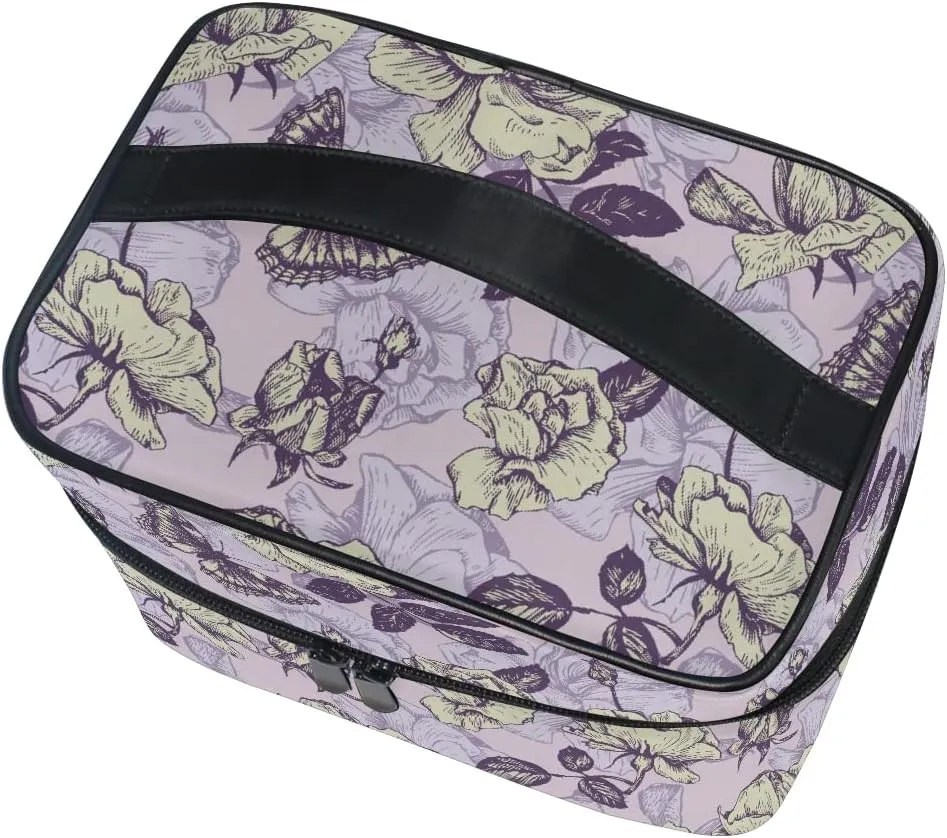Makeup Bag, Vintage Butterfly And Flowers Travel Makeup Organizer Bag Cosmetic Cases Toiletry Bags for Girl Women Ladies