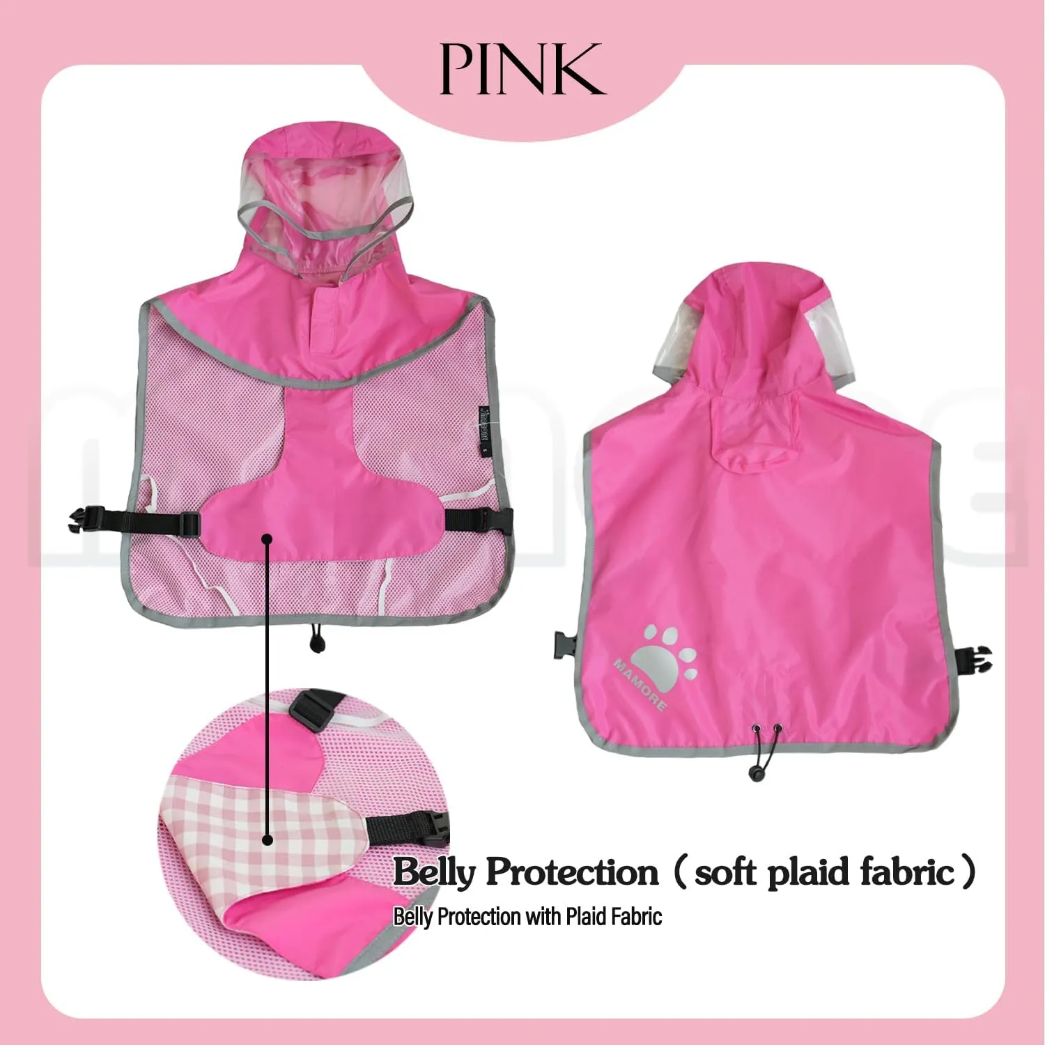 MAMORE Dog Raincoat Hooded Rain Jacket for Small Medium Large Dogs Slicker Poncho Bottom Waterproof Adjustable Reflective Breathable Leash Hole (Pink, XX-Large)