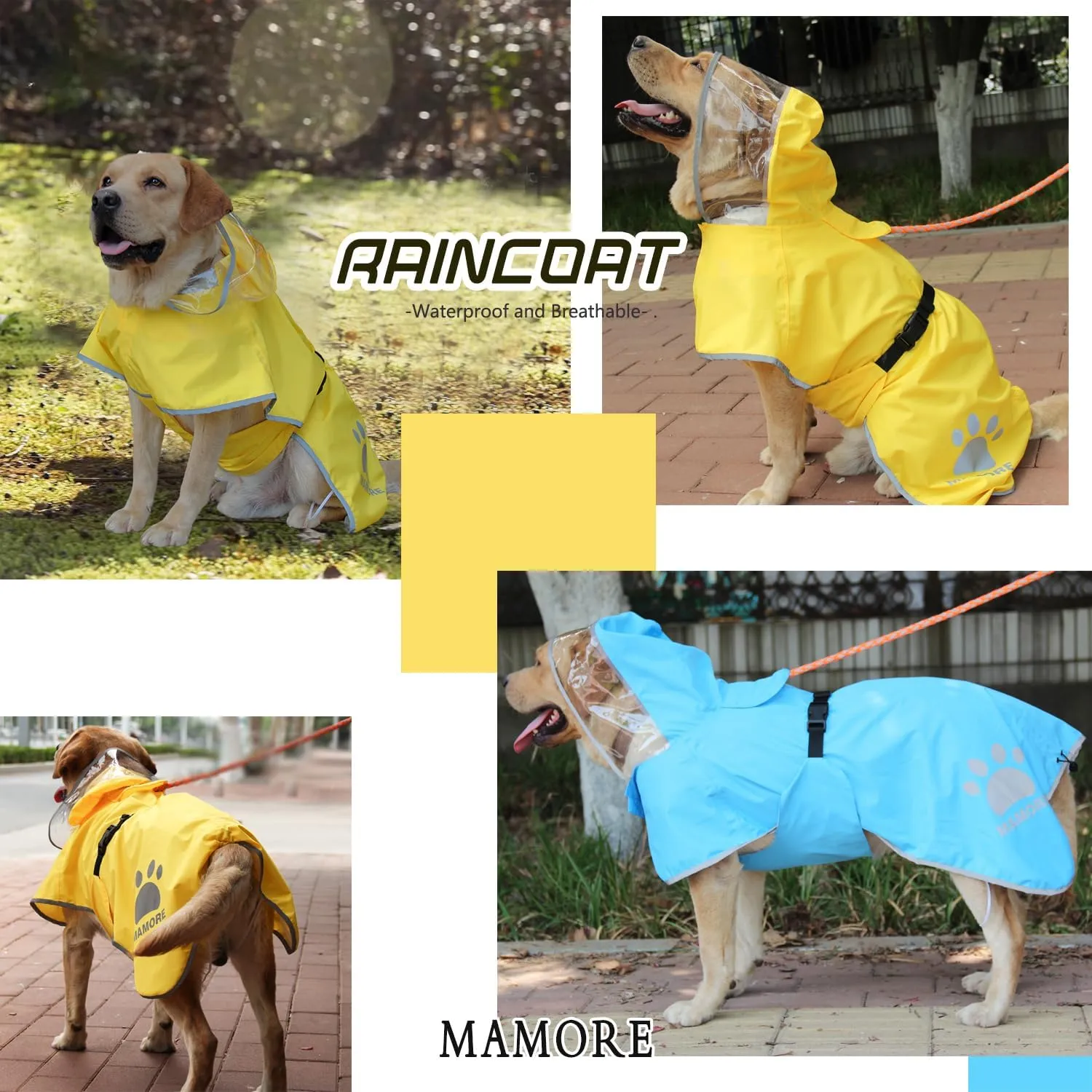 MAMORE Dog Raincoat Hooded Rain Jacket for Small Medium Large Dogs Slicker Poncho Bottom Waterproof Adjustable Reflective Breathable Leash Hole (Pink, XX-Large)
