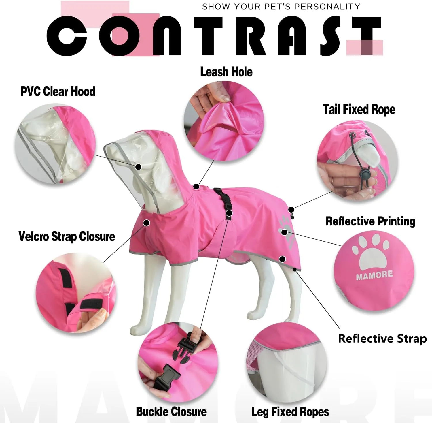 MAMORE Dog Raincoat Hooded Rain Jacket for Small Medium Large Dogs Slicker Poncho Bottom Waterproof Adjustable Reflective Breathable Leash Hole (Pink, XX-Large)