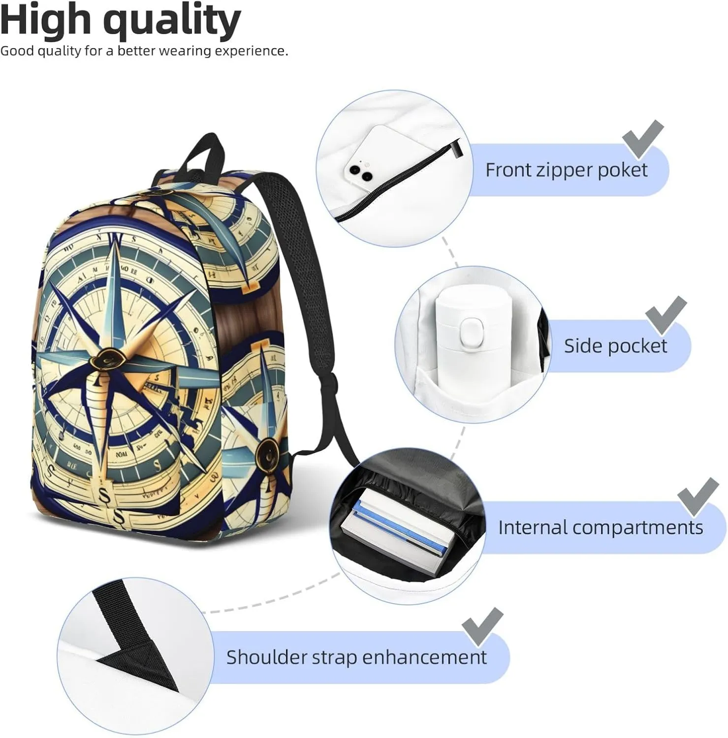 Maritime Sailboat Compass Print Canvas Backpack, Lightweight Backpack, Ideal For Outdoor, Travel, And Everyday Use