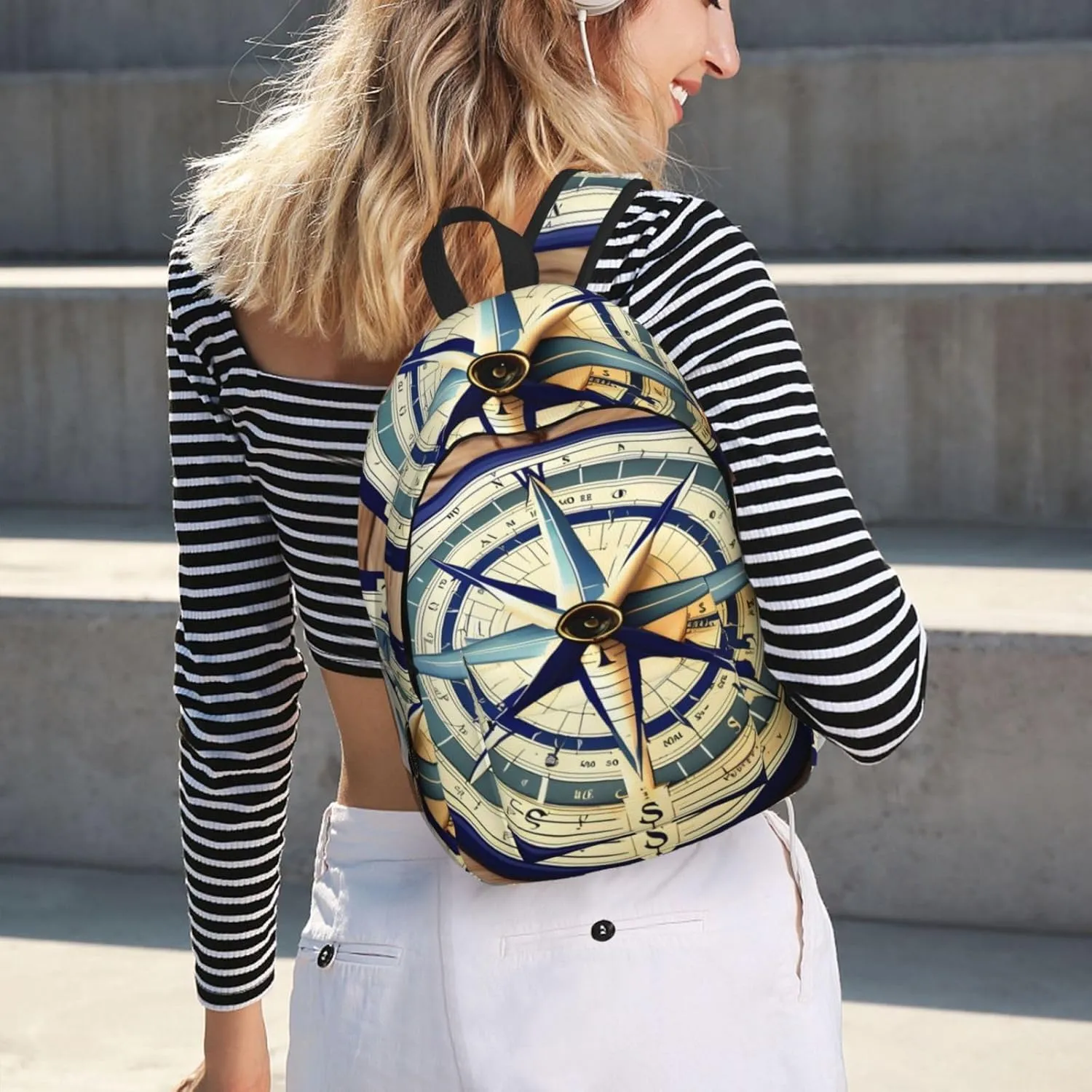 Maritime Sailboat Compass Print Canvas Backpack, Lightweight Backpack, Ideal For Outdoor, Travel, And Everyday Use