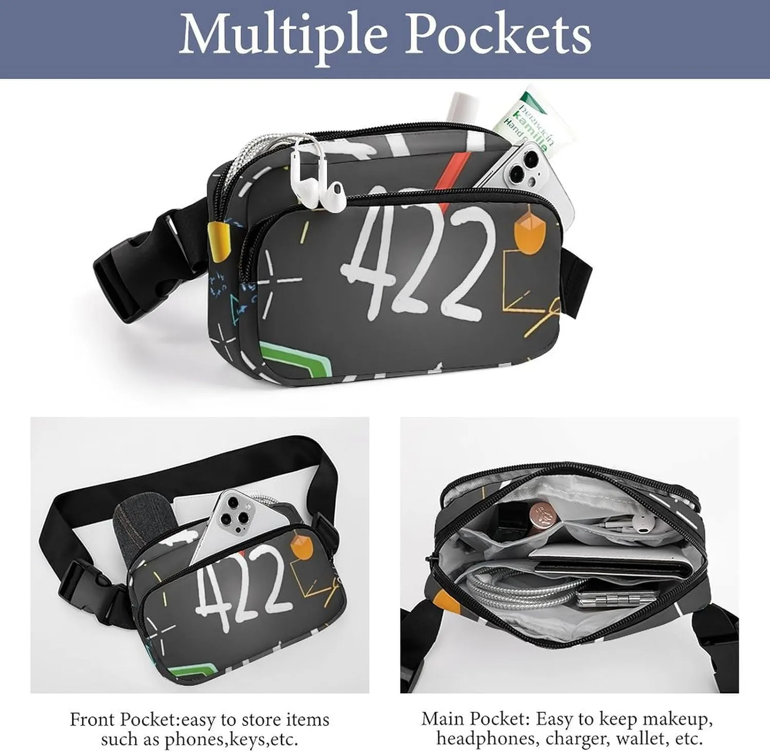 Math Quiz Print Fanny Packs for Women Men Fashion Portable Waist Pack Adjustable Belt Bum Bag Hip Bags for Travel, 20x13cm, style-1