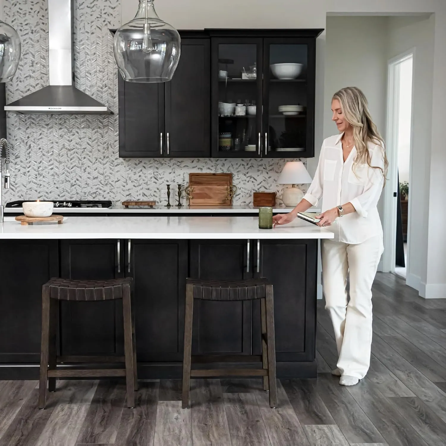 Maven Lane 26" Emerson Counter Height Stool - Weathered Brown Wood Finish & Marksman Saddle Vegan Leather Counter Stools - Artisan Backless Design Brings Rustic Elegance to Your Kitchen, Dining Area