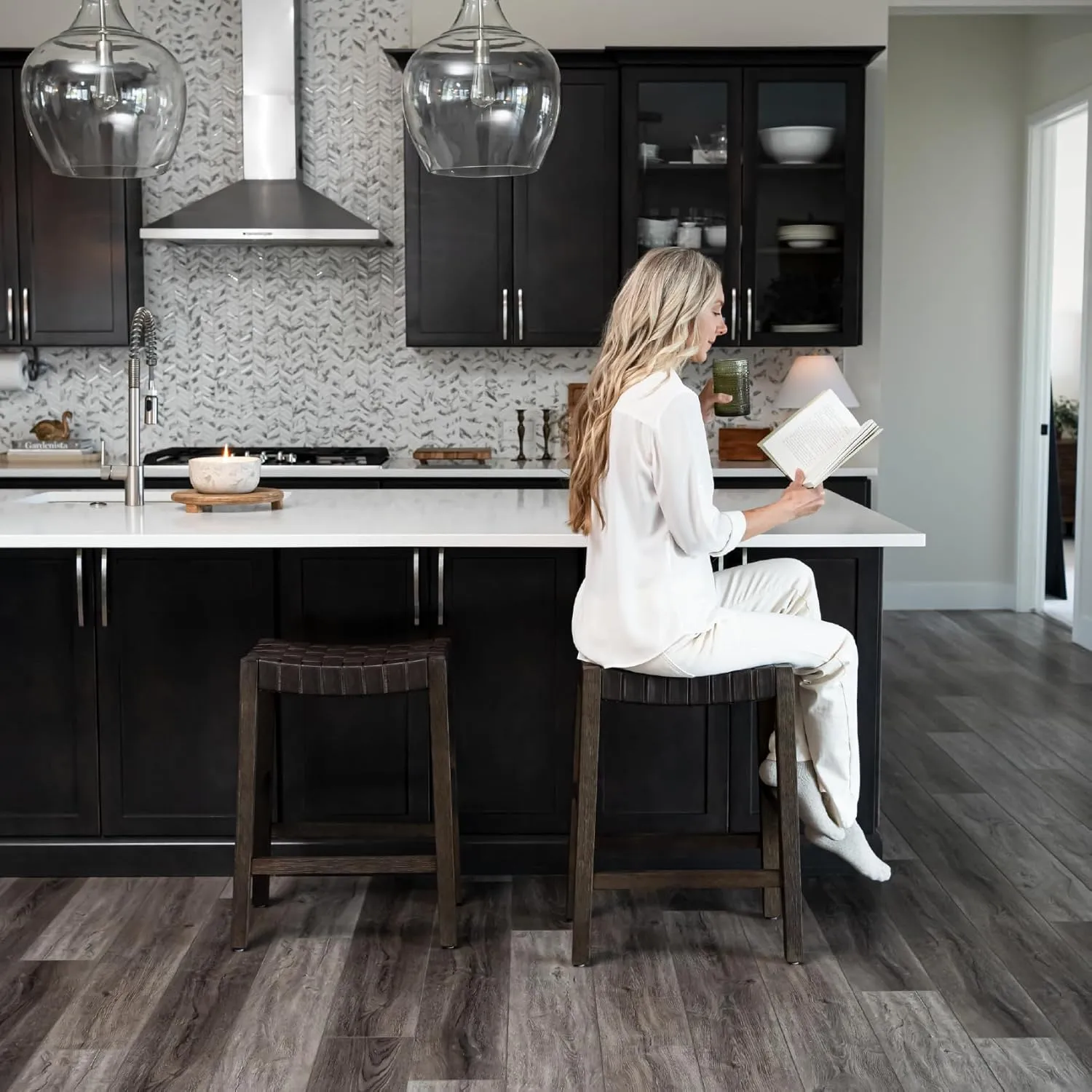 Maven Lane 26" Emerson Counter Height Stool - Weathered Brown Wood Finish & Marksman Saddle Vegan Leather Counter Stools - Artisan Backless Design Brings Rustic Elegance to Your Kitchen, Dining Area