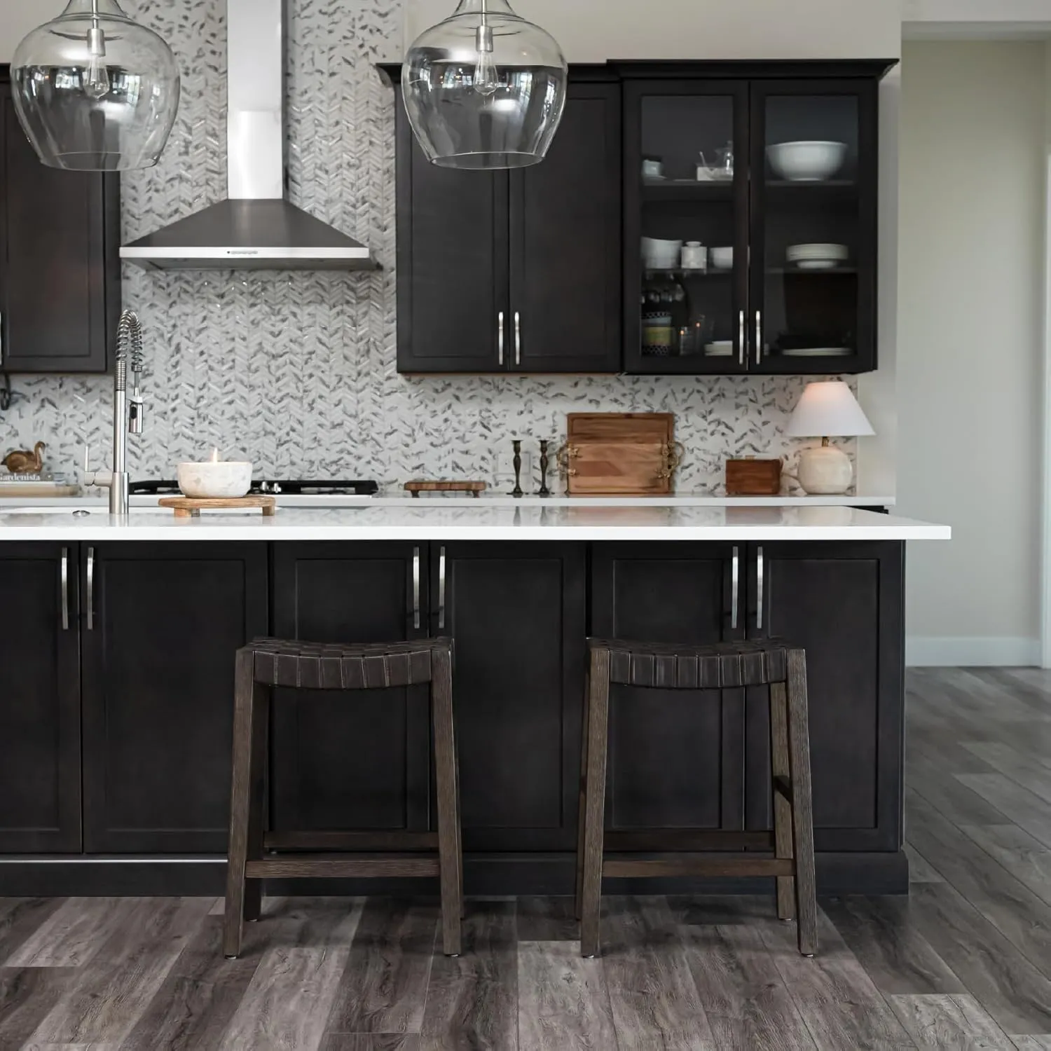 Maven Lane 26" Emerson Counter Height Stool - Weathered Brown Wood Finish & Marksman Saddle Vegan Leather Counter Stools - Artisan Backless Design Brings Rustic Elegance to Your Kitchen, Dining Area