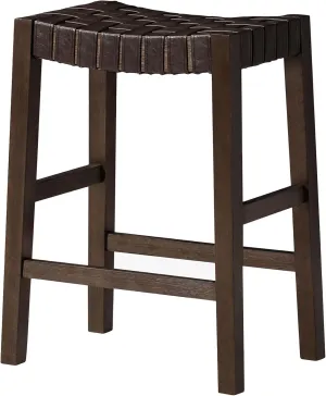 Maven Lane 26" Emerson Counter Height Stool - Weathered Brown Wood Finish & Marksman Saddle Vegan Leather Counter Stools - Artisan Backless Design Brings Rustic Elegance to Your Kitchen, Dining Area