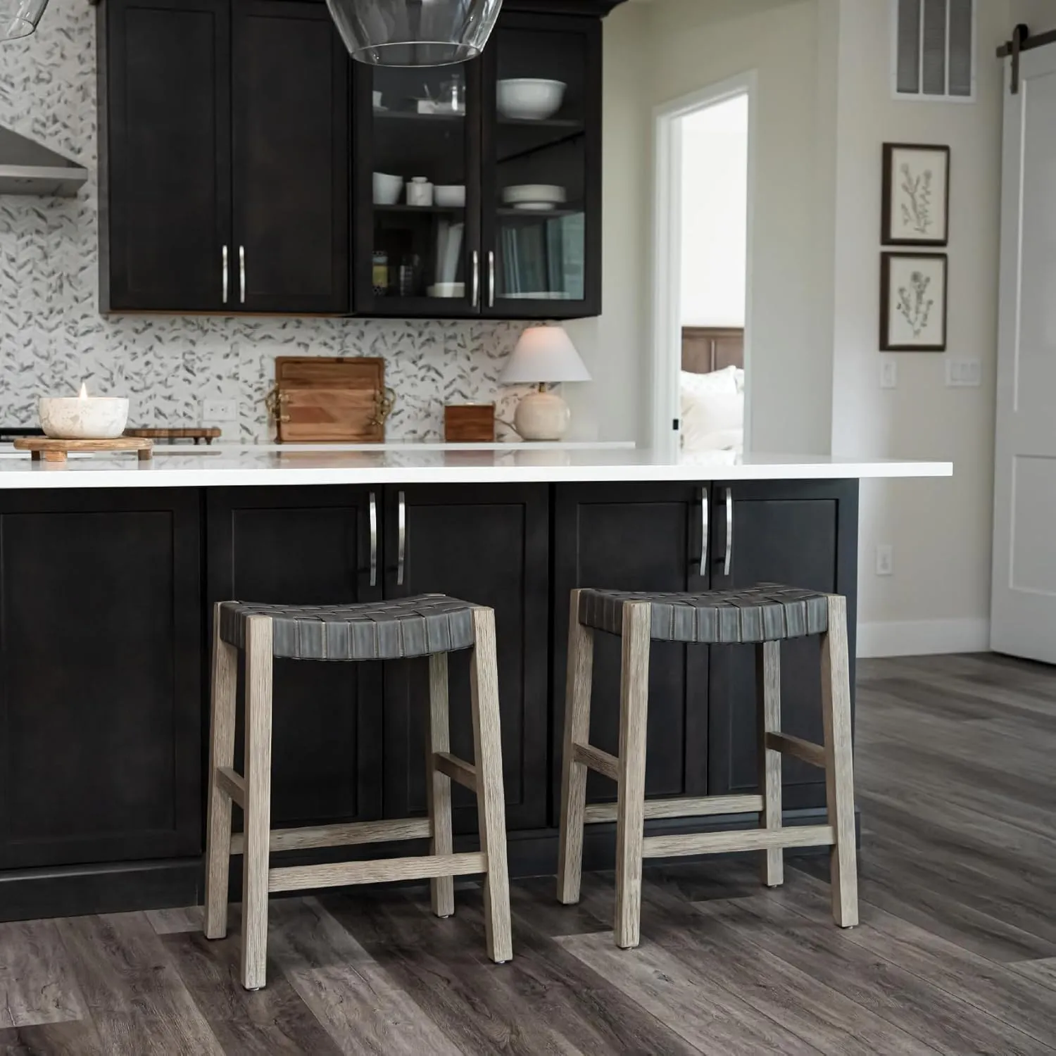 Maven Lane 26" Emerson Counter Height Stool - Weathered Grey Wood Finish & Avanti Bone Vegan Leather Counter Stools - Artisan Backless Design Brings Rustic Elegance to Your Kitchen, Dining Area