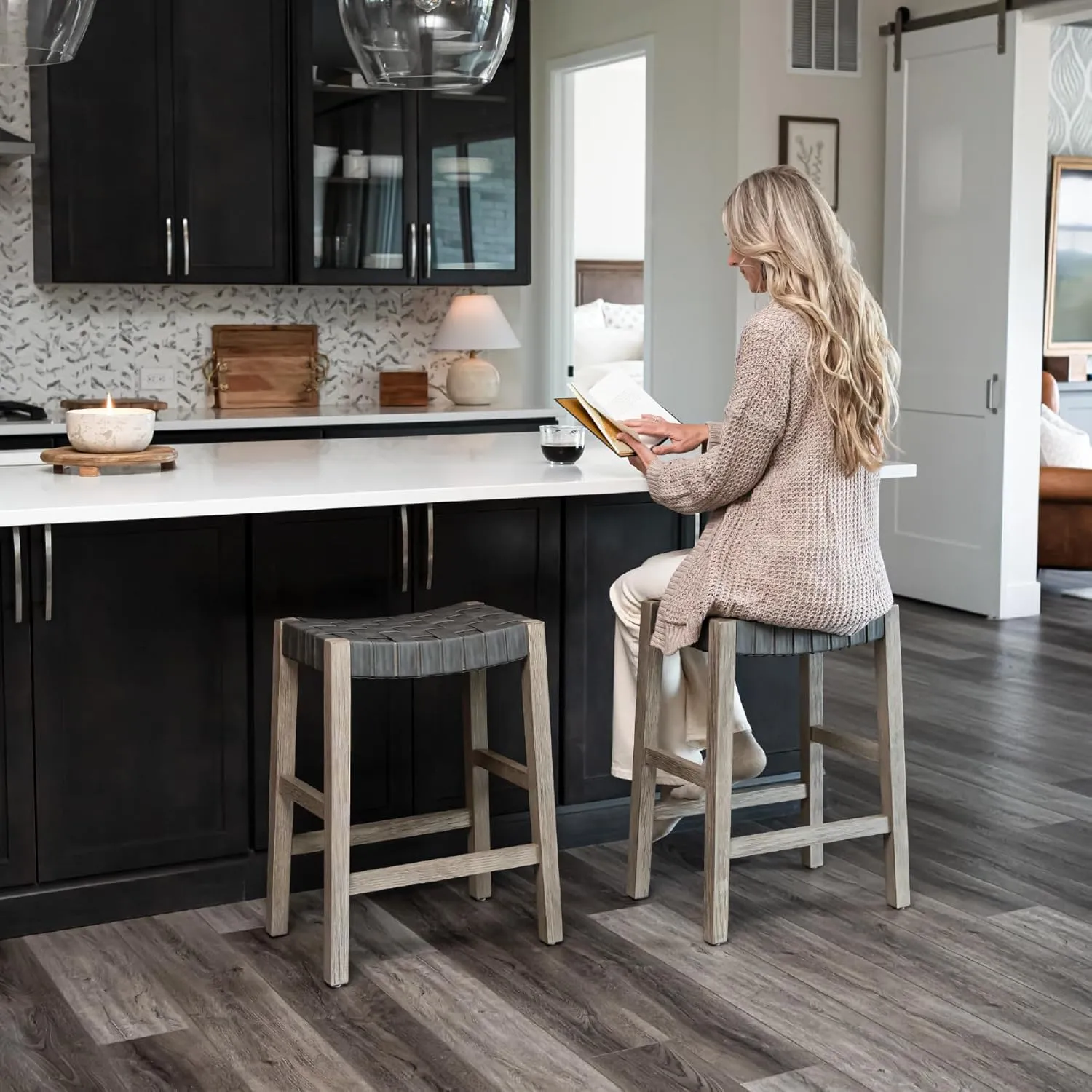 Maven Lane 26" Emerson Counter Height Stool - Weathered Grey Wood Finish & Avanti Bone Vegan Leather Counter Stools - Artisan Backless Design Brings Rustic Elegance to Your Kitchen, Dining Area